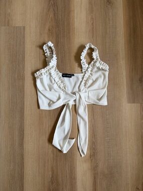 PrettyLittleThing Cream Ruffle Tie-Front Camisole